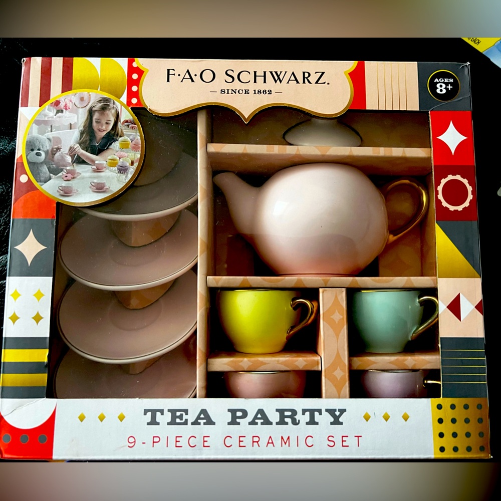 New in Box F.A.O. Schwarz 9- piece ceramic tea party set